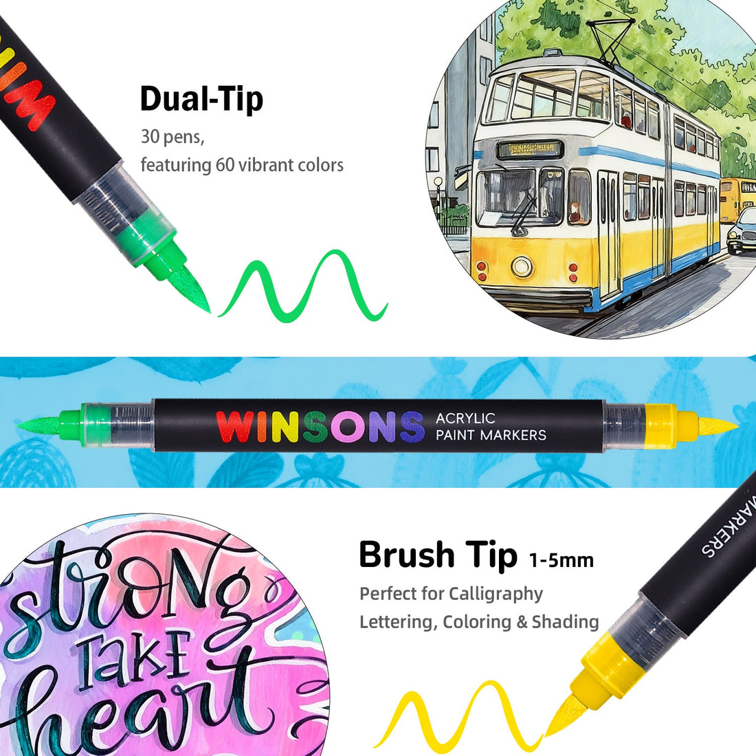 Acrylic Paint Markers Auto Ink Control & Dual-Tip, Two Colors 60 Colours
